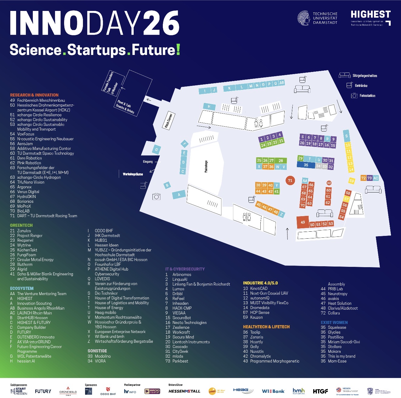 Hallenplan des INNODAY/26 an der TU Darmstadt mit Stand 41 der Scho & Müller GmbH im Bereich Greentech und Bionik Engineering.
