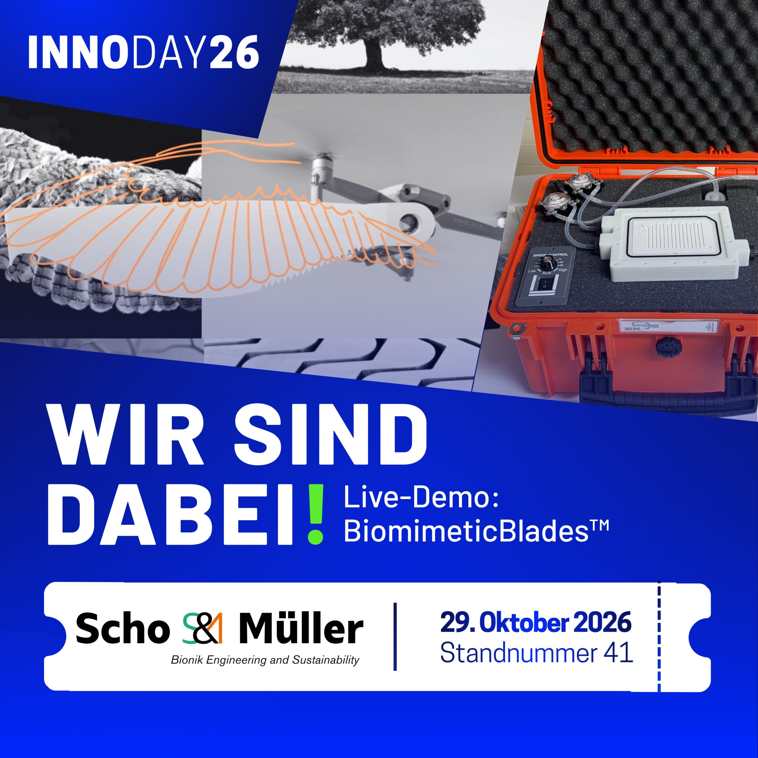 Scho & Müller GmbH auf dem Innodays 2026 mit Live-Demo der BiomimeticBlades™, bionischen Low-Noise- und Long-Range-Propellern für UAVs.